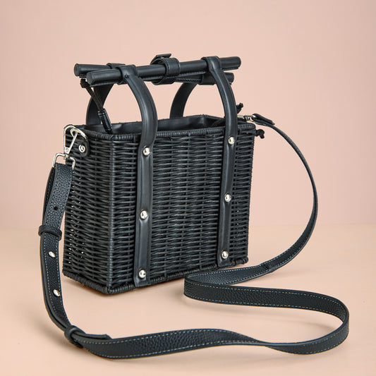 Black Cane Wooden Handle Bag – Structured Wicker Crossbody Handbag