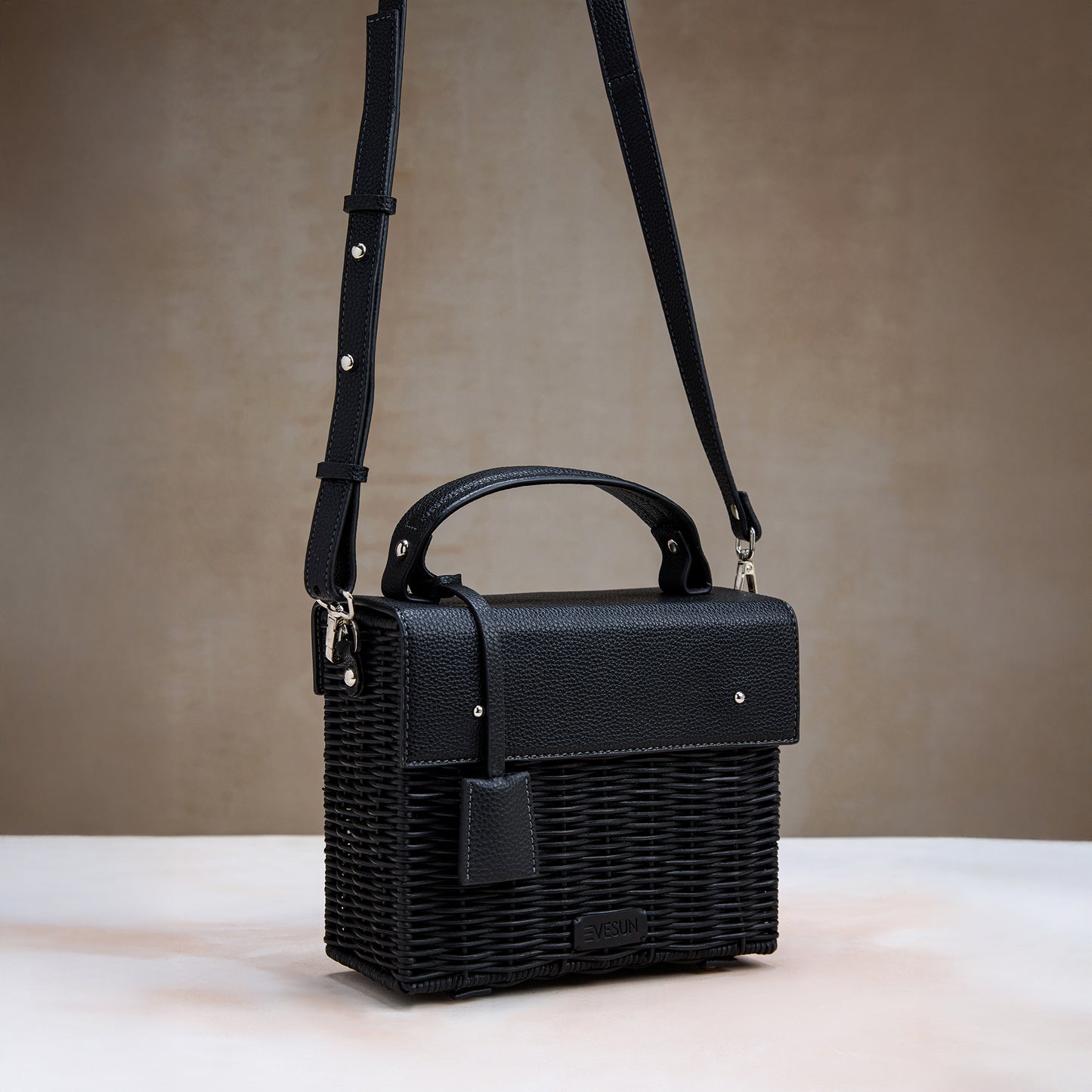 Black Cane Top Handle Bag – Structured Wicker Crossbody Handbag