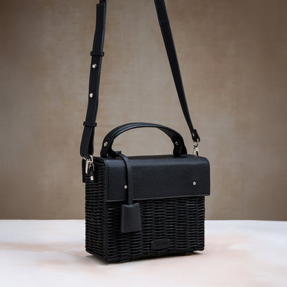 Black Cane Top Handle Bag – Structured Wicker Crossbody Handbag