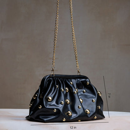 Black Studded Clutch with Dettachable Shoulder Strap– Designer Evening Party Handbag for Women