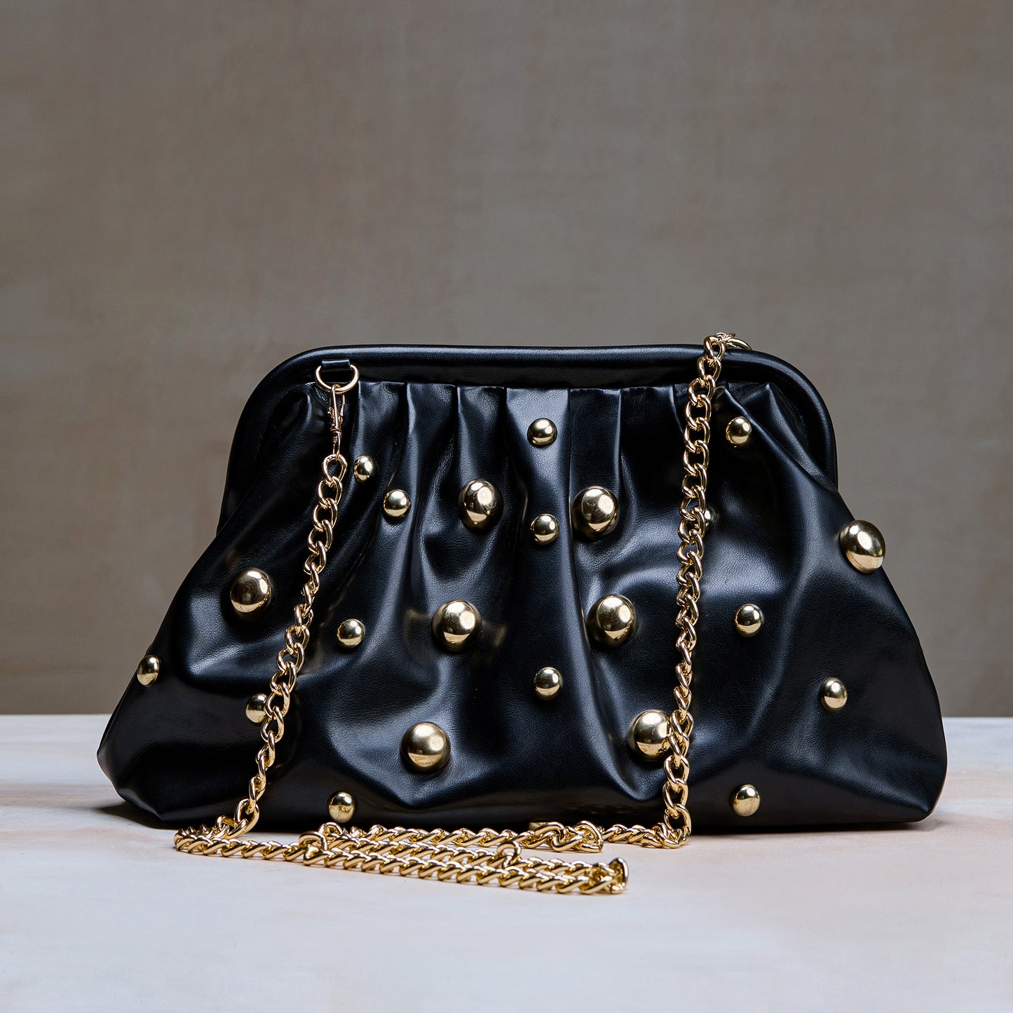 Black Studded Clutch with Dettachable Shoulder Strap– Designer Evening Party Handbag for Women