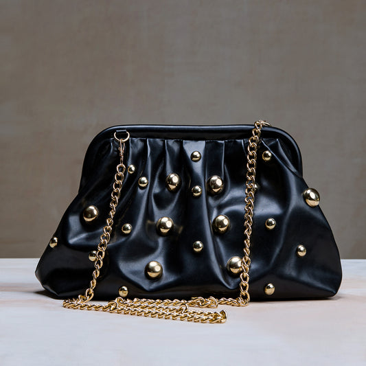 Black Studded Clutch with Dettachable Shoulder Strap– Designer Evening Party Handbag for Women