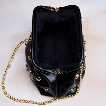 Black Studded Clutch with Dettachable Shoulder Strap– Designer Evening Party Handbag for Women