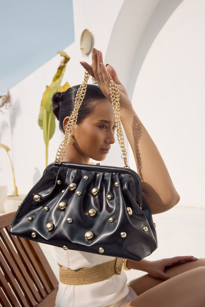 Black Studded Clutch with Dettachable Shoulder Strap– Designer Evening Party Handbag for Women