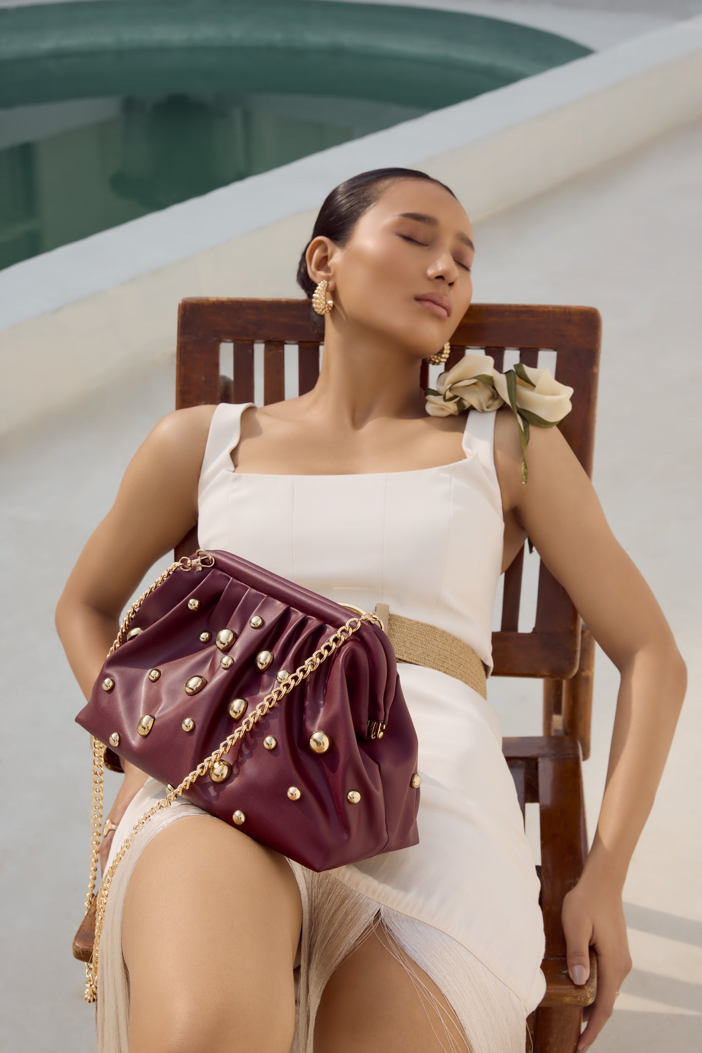 Burgundy Studded Clutch with dettachable Shoulder Chain – Luxury Maroon Party Handbag for Women