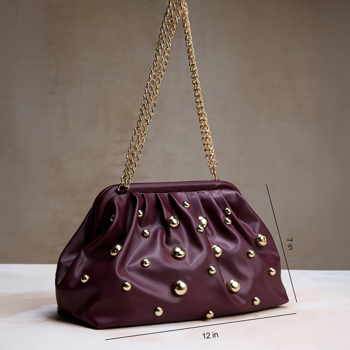 Burgundy Studded Clutch with dettachable Shoulder Chain – Luxury Maroon Party Handbag for Women