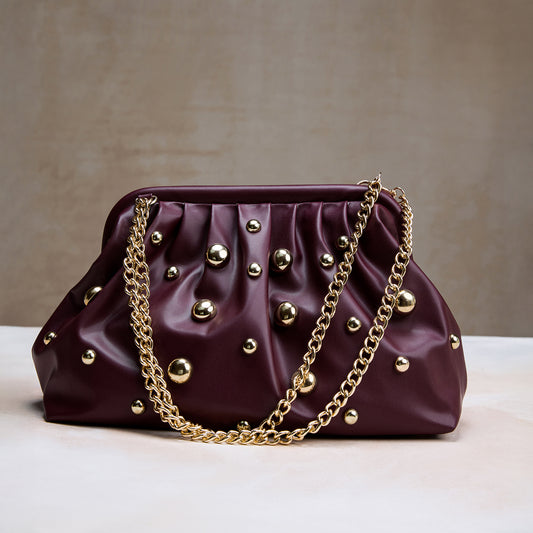 Burgundy Studded Clutch with dettachable Shoulder Chain – Luxury Maroon Party Handbag for Women