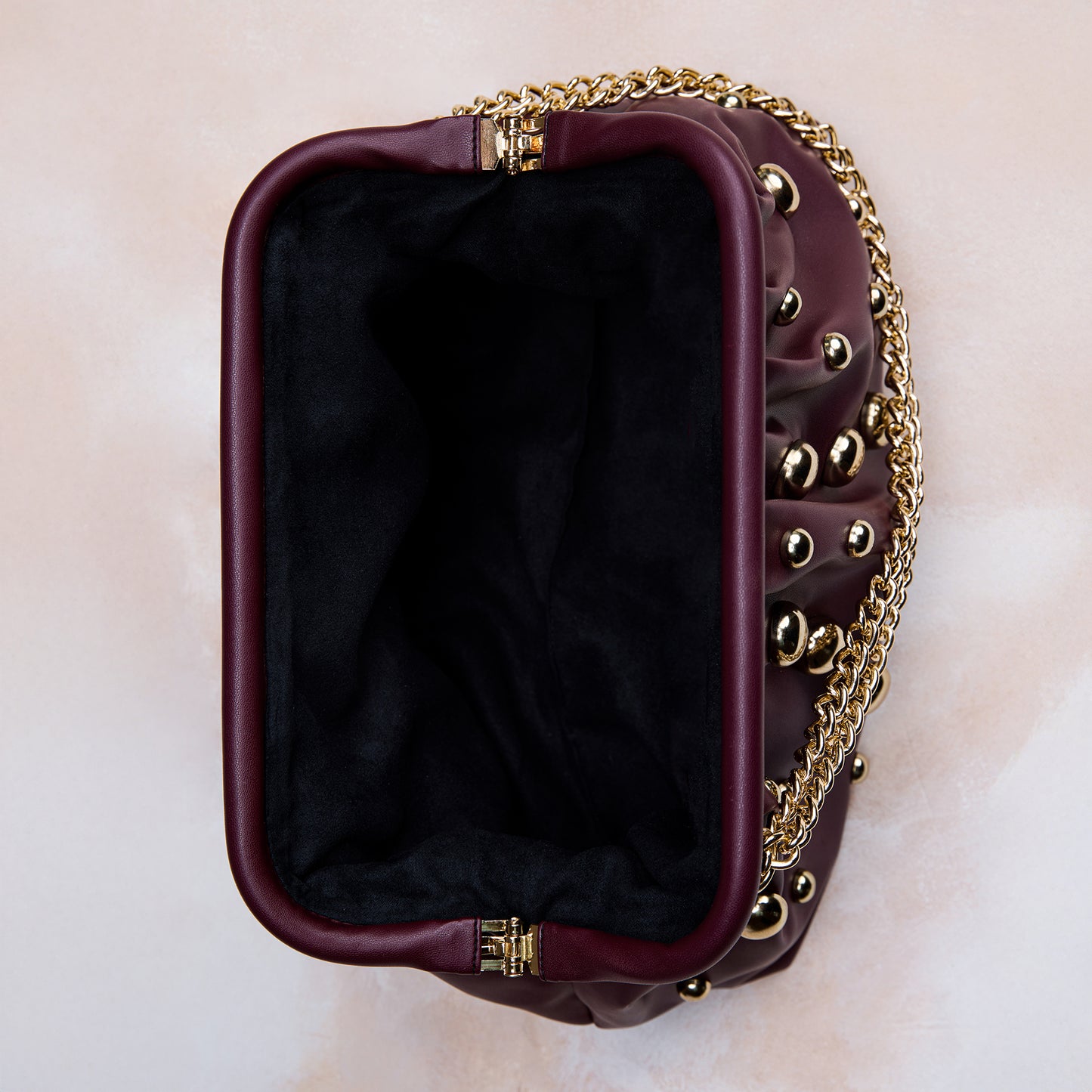 Burgundy Studded Clutch with dettachable Shoulder Chain – Luxury Maroon Party Handbag for Women