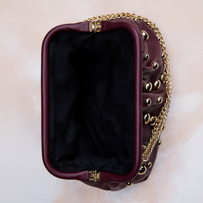 Burgundy Studded Clutch with dettachable Shoulder Chain – Luxury Maroon Party Handbag for Women