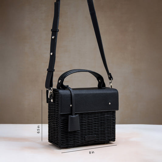 Black Cane Top Handle Bag – Structured Wicker Crossbody Handbag