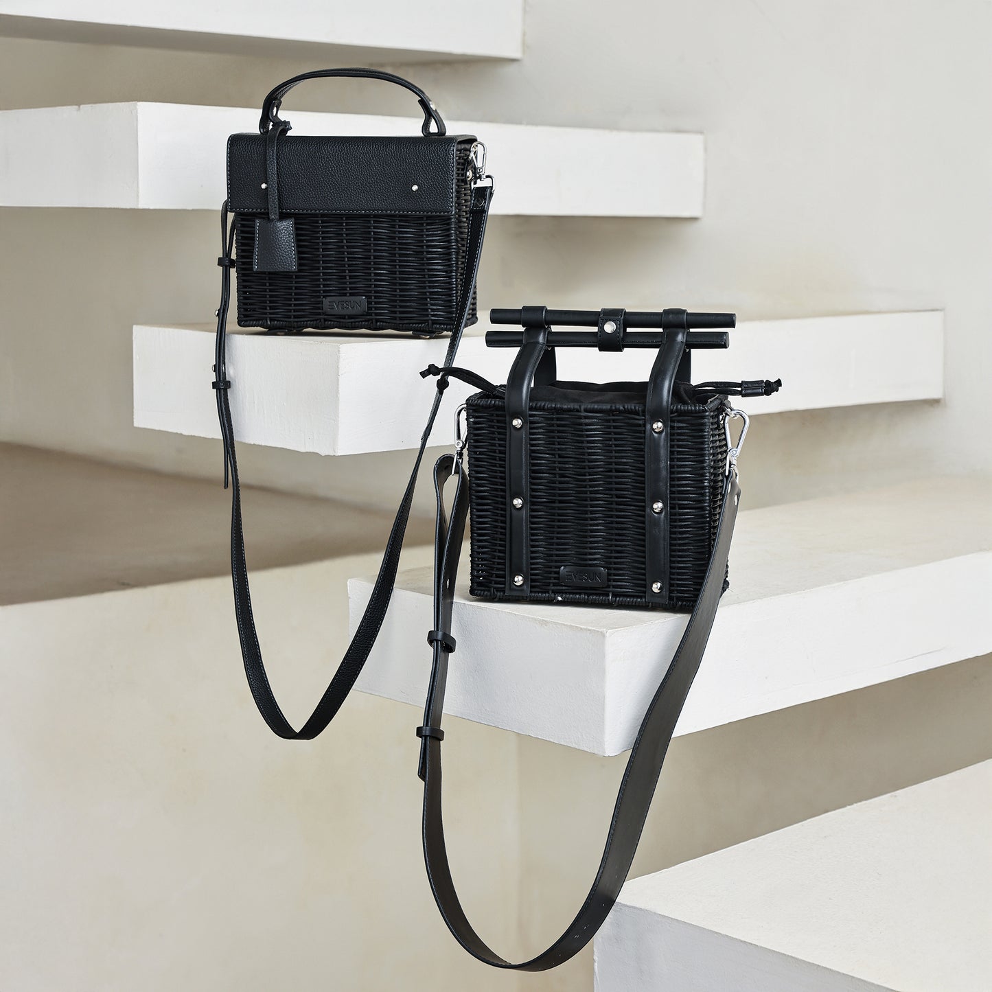 Black Cane Top Handle Bag – Structured Wicker Crossbody Handbag