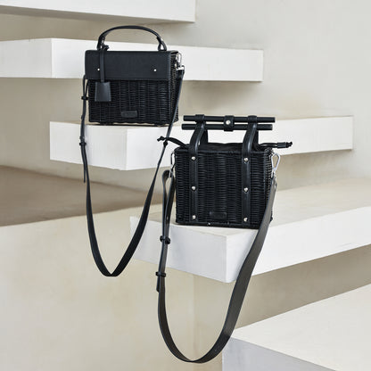 Black Cane Top Handle Bag – Structured Wicker Crossbody Handbag