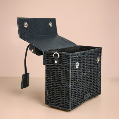 Black Cane Top Handle Bag – Structured Wicker Crossbody Handbag