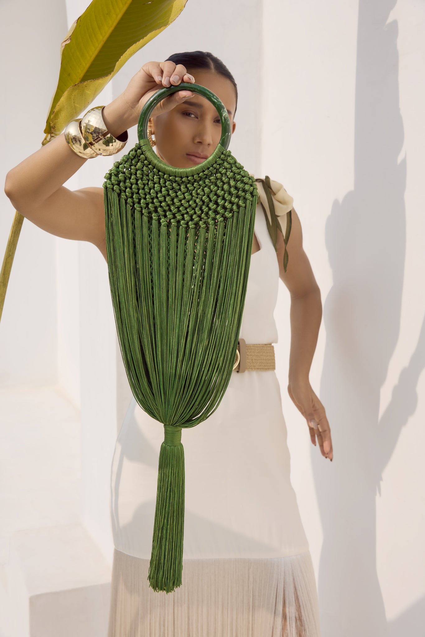 Green Fringe Statement Bag – Designer Green Resort Wear Handbag for Women