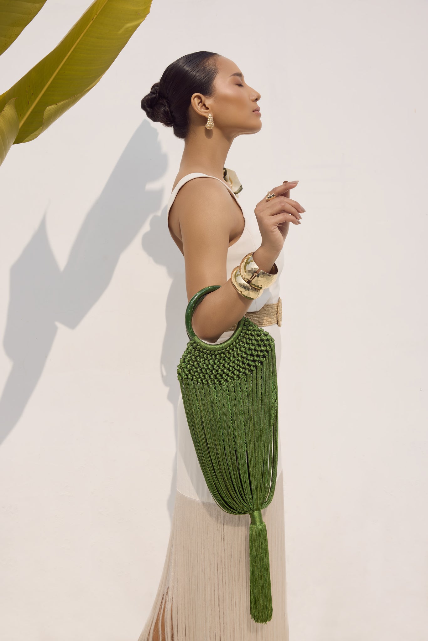 Green Fringe Statement Bag – Designer Green Resort Wear Handbag for Women