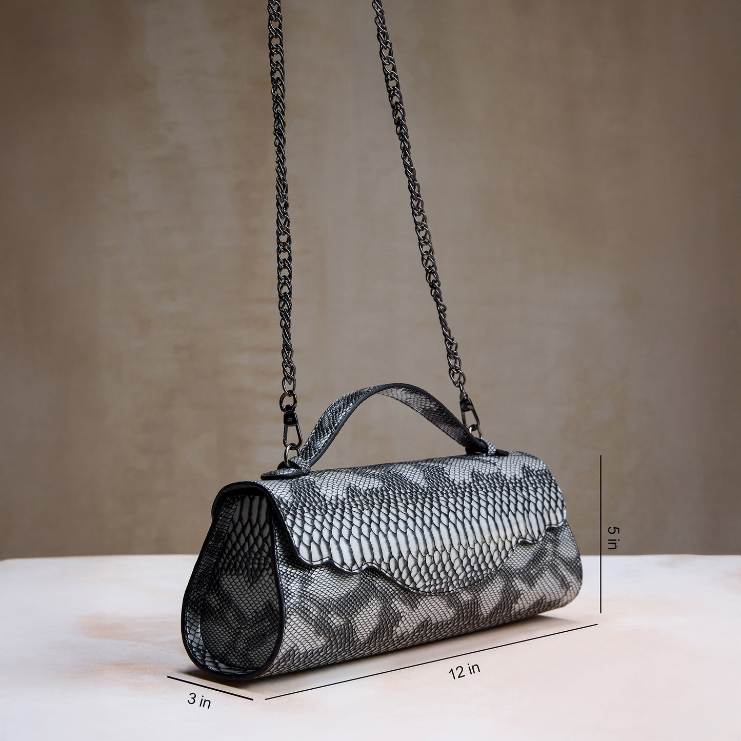 Silver Snake Print Clutch – Metallic Python Texture Evening Bag for Women