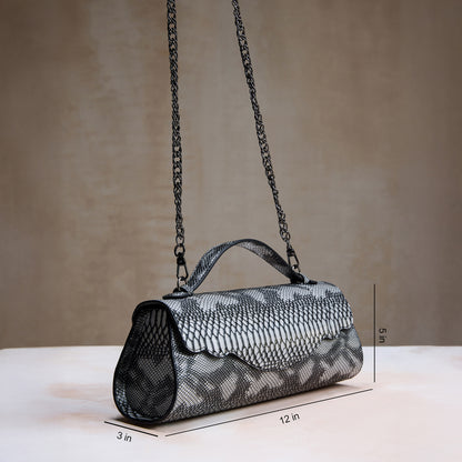 Silver Snake Print Clutch – Metallic Python Texture Evening Bag for Women