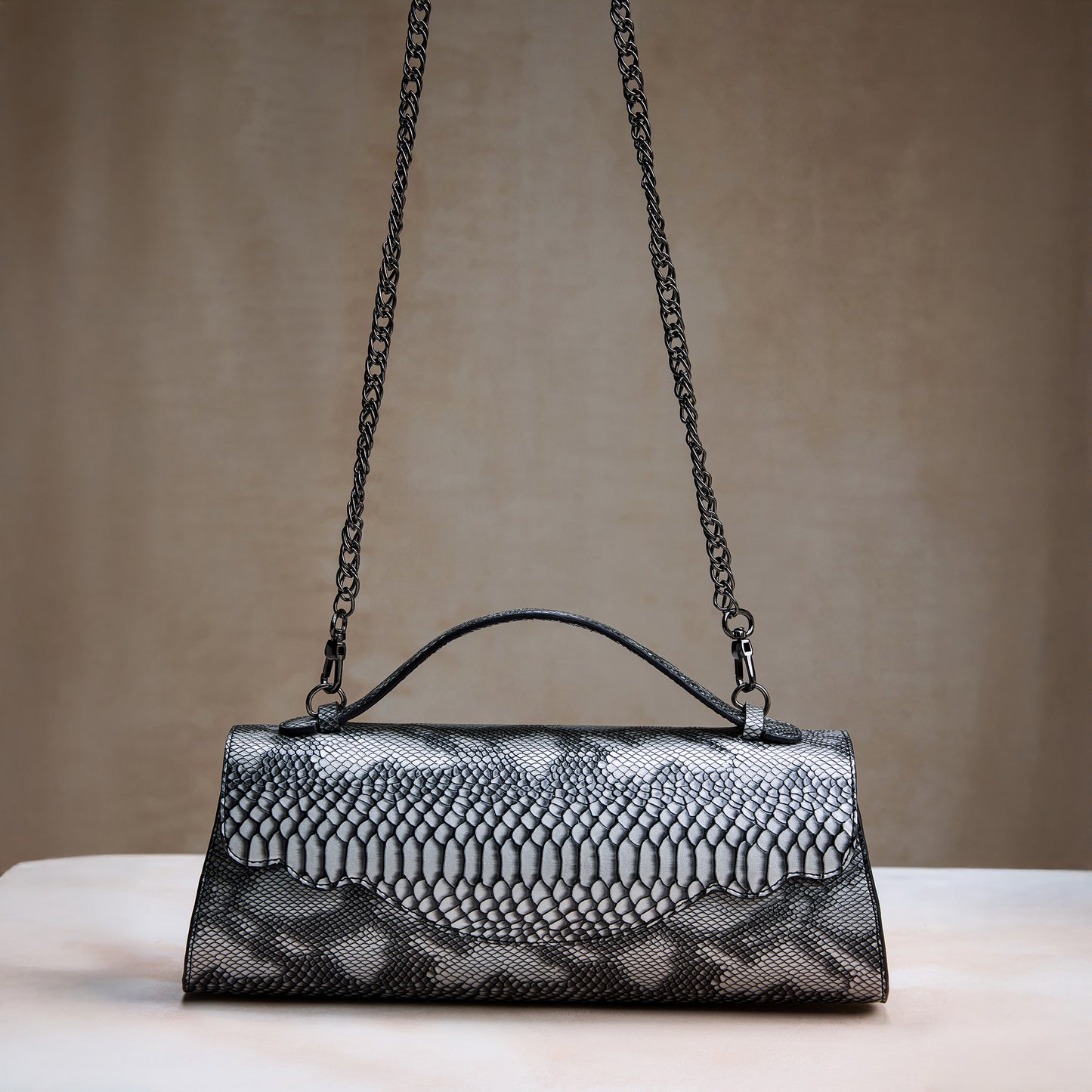 Silver Snake Print Clutch – Metallic Python Texture Evening Bag for Women