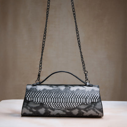 Silver Snake Print Clutch – Metallic Python Texture Evening Bag for Women