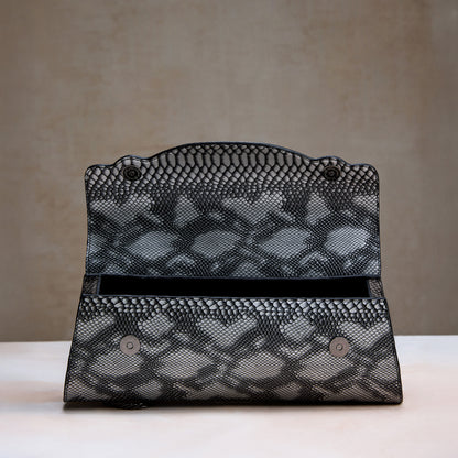 Silver Snake Print Clutch – Metallic Python Texture Evening Bag for Women