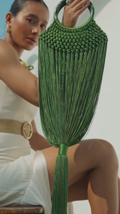 Green Fringe Statement Bag – Designer Green Resort Wear Handbag for Women